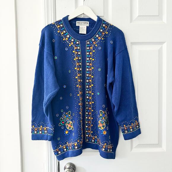 Western Connection Vintage Blue Cotton Ramie Embellished 80s Knit Sweater Large - Picture 1 of 11
